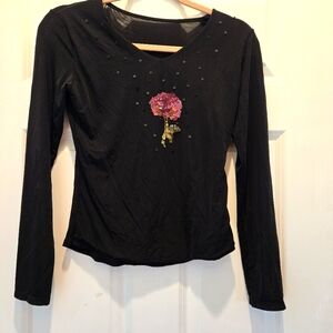 Vintage Y2K Top M Italy Micro Mesh Black Long Sleeve Sequined Floral Semi Sheer